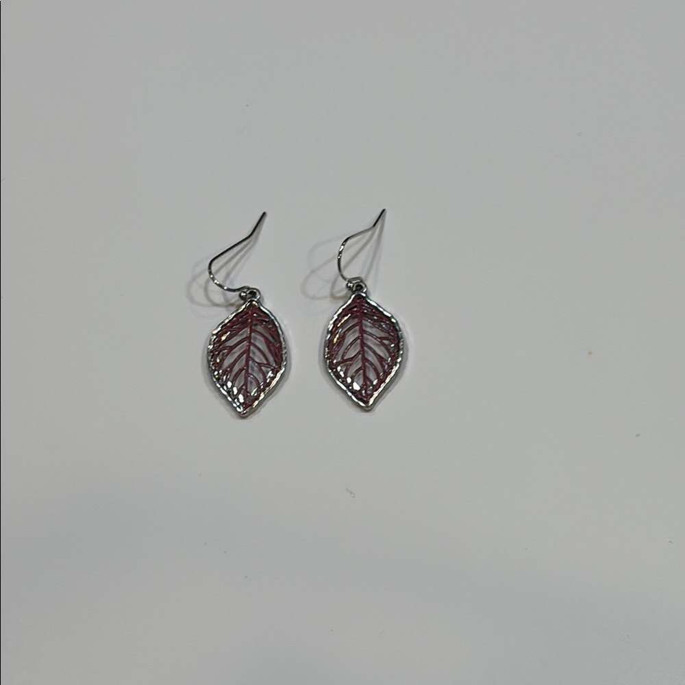Silver Leaf Drop Earrings in burgundy brown - Women Jewelry
